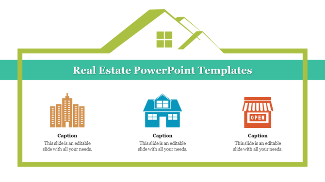 Real estate PowerPoint template featuring three icons city buildings, a house, and a store, under a green roof design.