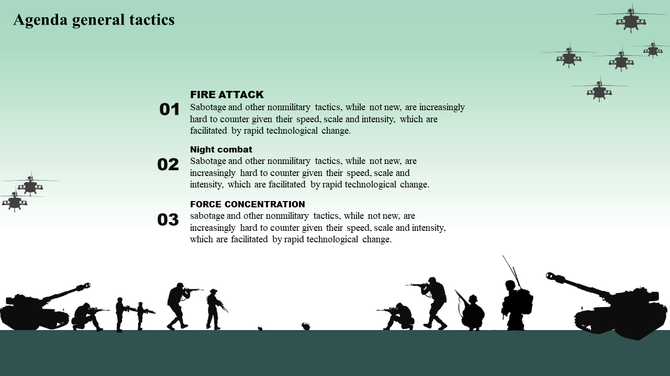 Agenda slide on general tactics with a military-themed silhouette of soldiers, tanks, and helicopters.