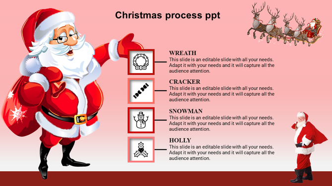 Red themed Christmas slide featuring Santa with a gift bag, reindeer sleigh, and four captions with festive icons.
