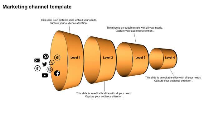 Layered orange funnel representing stages of marketing channels, featuring icons for digital platforms and media.