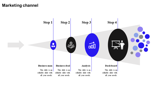 Marketing funnel PowerPoint template showing steps from business man, business deal, analysis, to dashboard with icons.