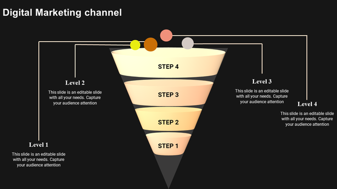 Digital marketing funnel diagram slide illustrating levels and steps in a marketing strategy on a dark backdrop.