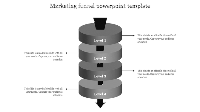 Four tier grayscale marketing funnel with side arrows for text areas and labeled levels.