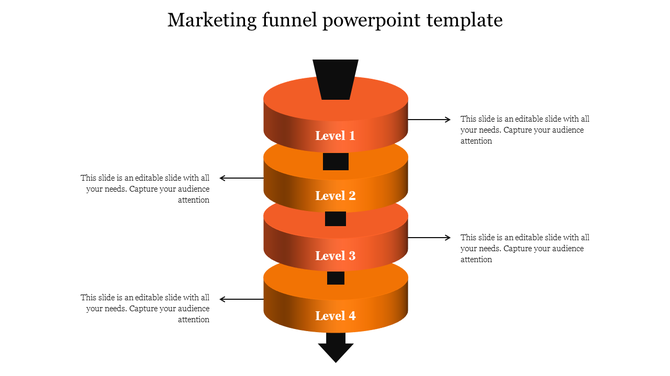 Marketing orange funnel PPT slide with four levels, each showcasing arrows pointing in different directions with text.