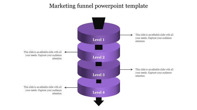 Funnel infographic in shades of purple, illustrating a four level process with labeled text areas.