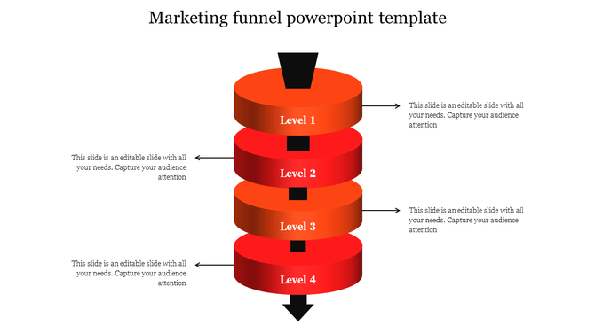 Layered marketing funnel diagram with four red cylindrical sections, directional arrows, and black funnel openings.