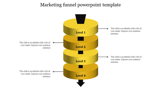 Marketing yellow funnel PPT slide with four levels, each showcasing arrows pointing in different directions with text.
