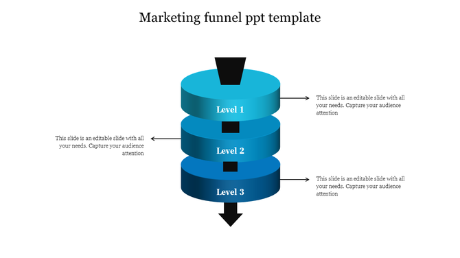 Blue marketing funnel diagram with three cylindrical sections, directional arrows, and black funnel openings.