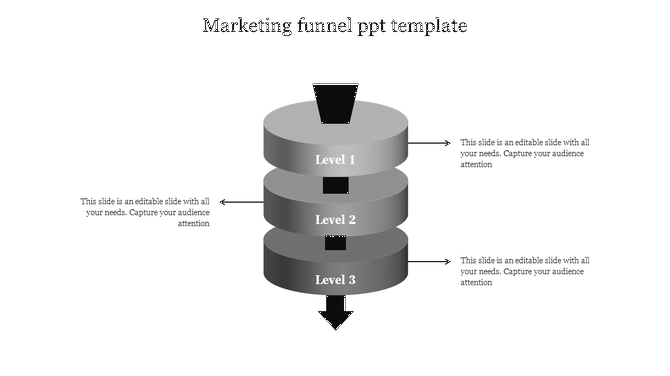 Marketing funnel PowerPoint template with three levels in grey tones, including arrows pointing in various directions.