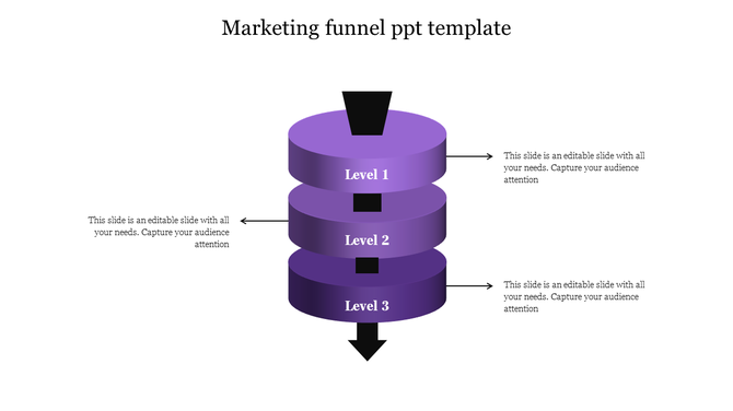 Three layered purple marketing funnel diagram with black top and bottom sections, arrows on both sides.