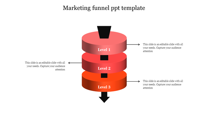 Marketing funnel PowerPoint template with three levels in red tones, including arrows pointing in various directions.