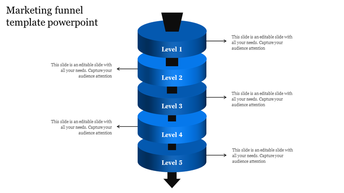 Five level blue marketing funnel diagram with arrows pointing to text, illustrating a stepwise process.
