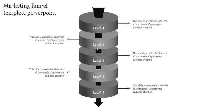Grayscale marketing funnel diagram with five cylindrical sections, directional arrows, and black funnel openings.