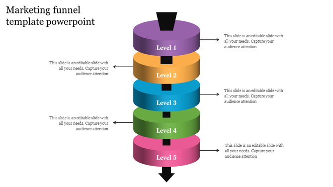 Marketing funnel PowerPoint template with five colorful levels, each labeled from 1 to 5 and surrounded by arrows.