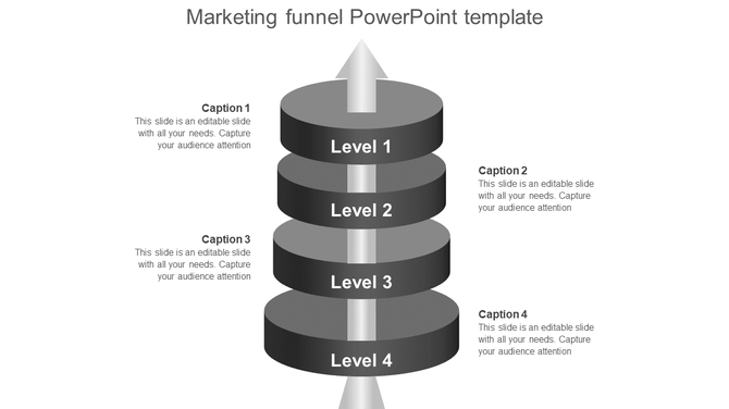 Slide with a marketing funnel design, featuring four levels in gray with corresponding captions for each.