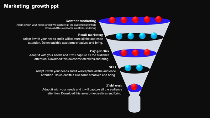 Grayscale marketing funnel with five levels featuring colorful red and blue spheres, on a black background.