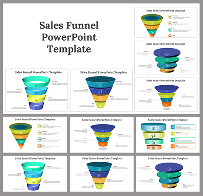 Collection of sales funnel slides featuring different funnel designs to illustrate stages of the sales process.