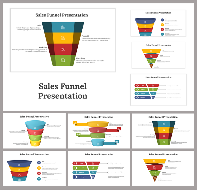 Sales funnel slides featuring colorful layers, each labeled for different sales process stages with icons.