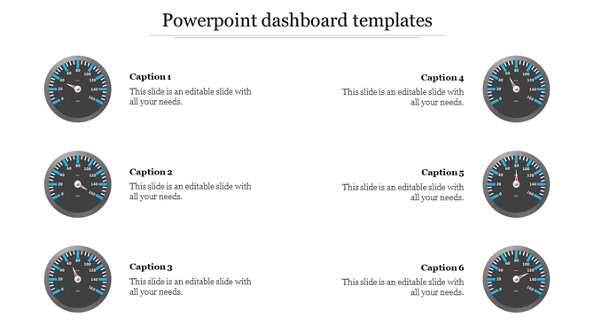 A set of six PowerPoint dashboard templates, each featuring a speedometer gauge with placeholder captions.