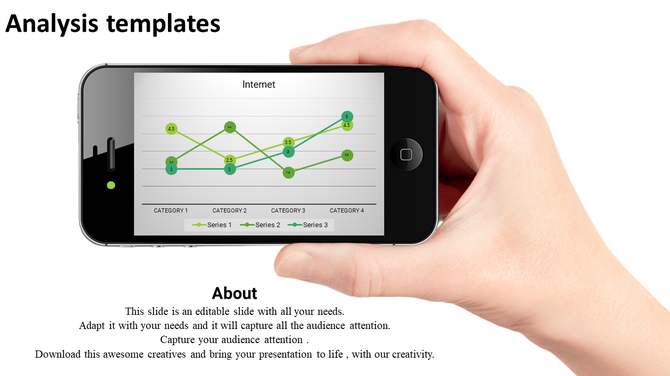 Hand holding a smartphone displaying a green line graph, with text and title placed below, on a white background.