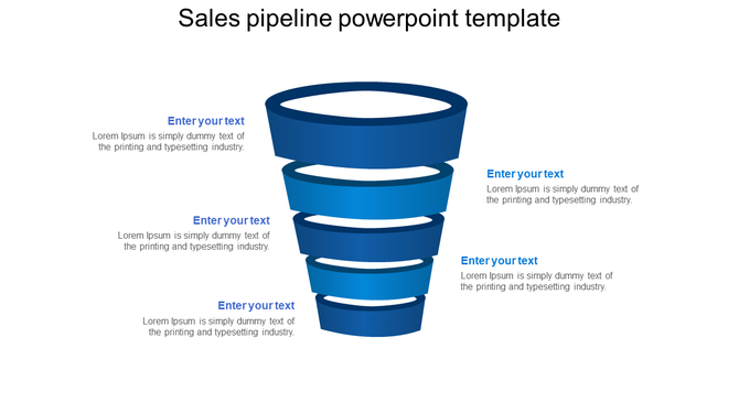3D blue sales funnel with five descending layers, a wide opening at the top, and text placeholders on the left and right.