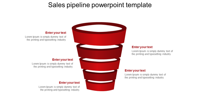 PowerPoint slide showing a sales pipeline with red funnel stages for placeholder text on a white backdrop.