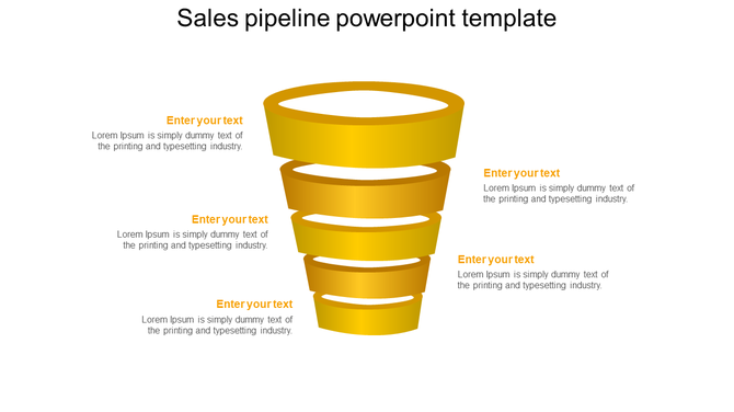 3D golden sales funnel with five descending layers, a wide opening at the top, and text placeholders on the left and right.