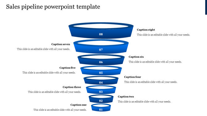 Blue funnel diagram with eight layers, each labeled numerically, representing stages in a sales pipeline process.
