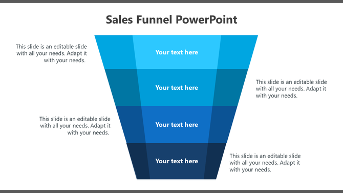 Blue funnel chart with four layers, each labeled with placeholder text and arranged vertically.