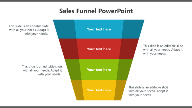 Sales funnel graphic with four layered segments in blue, red, green, and yellow, each with text placeholders.