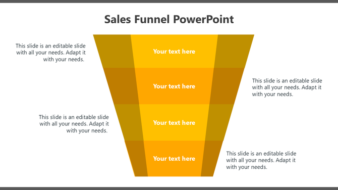 Layered funnel diagram in orange with editable text placeholders on both sides and within sections.