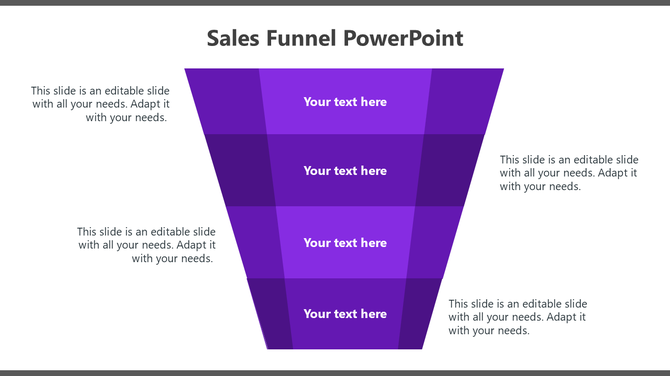 Purple sales funnel illustration with descending layers and placeholders  text on both sides.