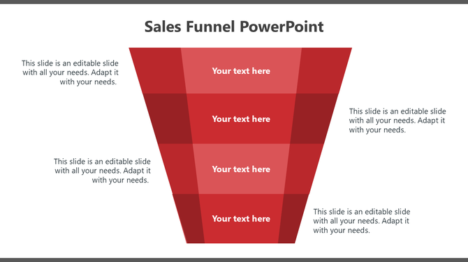 Gradient red sales funnel with four horizontal sections, placeholder text inside, and captions aligned on the left and right.