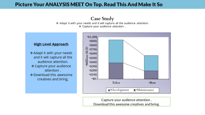 Bar graph comparing financial data with blue and purple theme, with a text box explaining a high level approach.