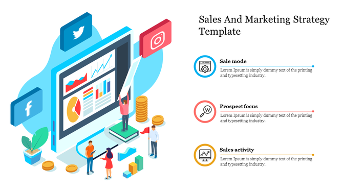 Sales marketing slide with an illustration of a laptop, social media symbols, and three descriptions of sales strategies.
