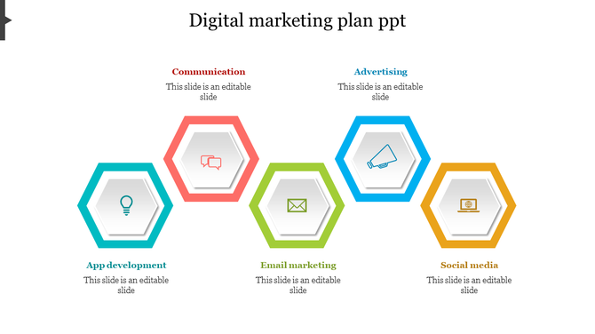 Colorful digital marketing plan slide featuring icons from app development to social media with placeholder text.
