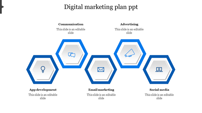 Hexagonal blue and white infographic displaying five digital marketing categories, each with an icon and label.