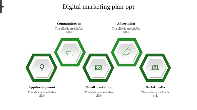 Template showing five green hexagons for various digital marketing steps, each with an icon and caption.