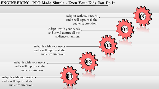 Engineering PowerPoint template with numbered gears and text to capture the audience's attention.