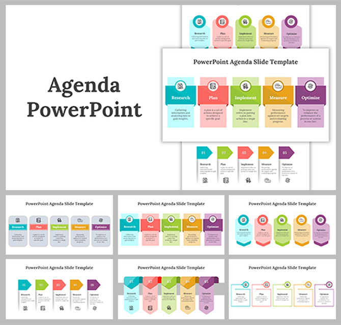 Agenda slide deck designs with colorful numbered sections and icons for each step, displayed in different layouts.