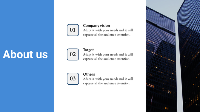 About us slide with blue and white sections, featuring three numbered objectives, and a background of glass buildings.