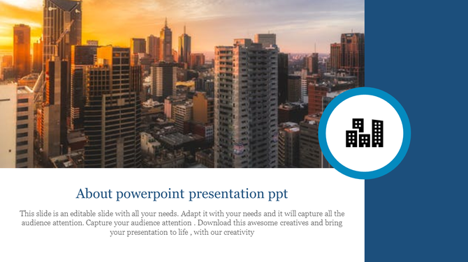 About us with high-rise buildings on the left and a blue circular icon featuring a building symbol on the right.