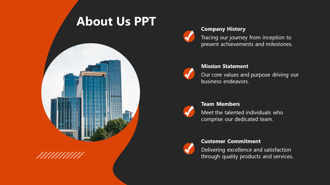 Corporate about slide with a cityscape, orange and black design, and points for company values and history.
