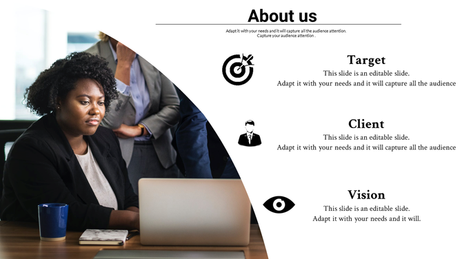About us slide featuring a professional setting with a woman at a laptop, highlighting key sections with icons.