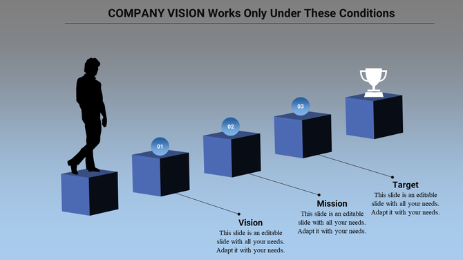 Vision and mission PowerPoint slide showing a person walking on 3D blocks leading to a trophy, symbolizing achieving goals.