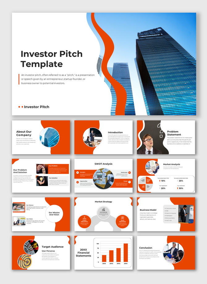 Investor pitch deck slides with an orange and white theme, showcasing sections like a company overview, financials, and more.