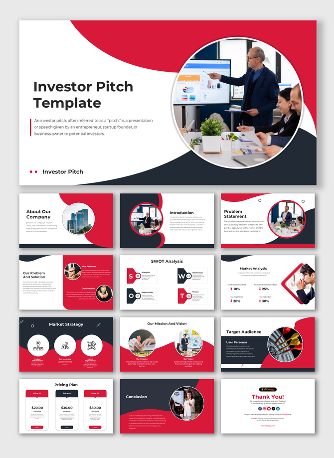 Investor pitch PPT with a red and black theme, featuring slides for company overview, SWOT analysis, and market strategy.