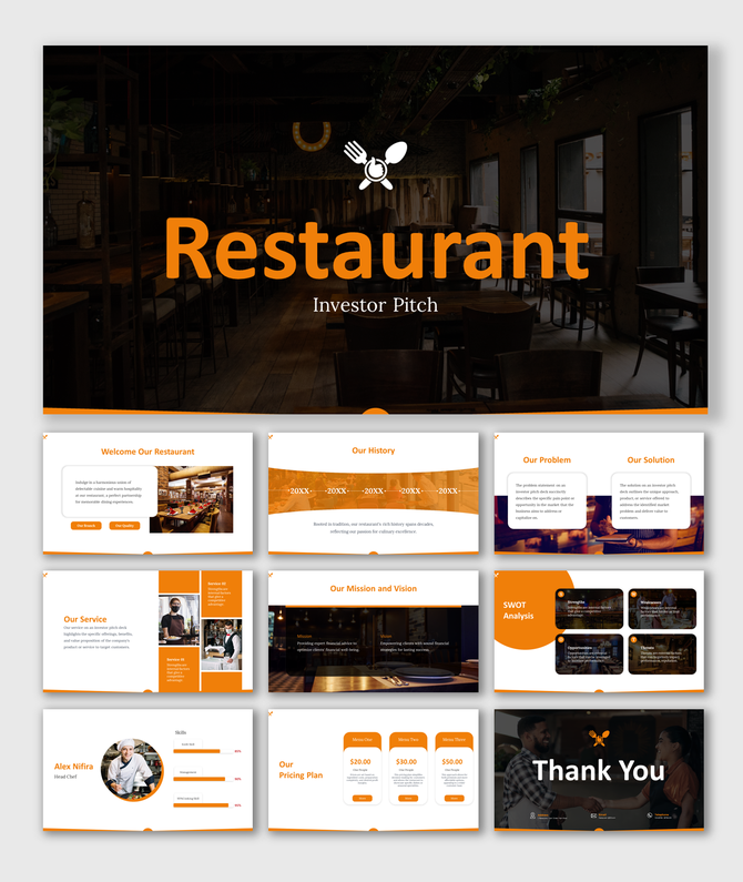Slide deck for restaurant investment showcasing history, services, and menu pricing, with orange and white highlights.