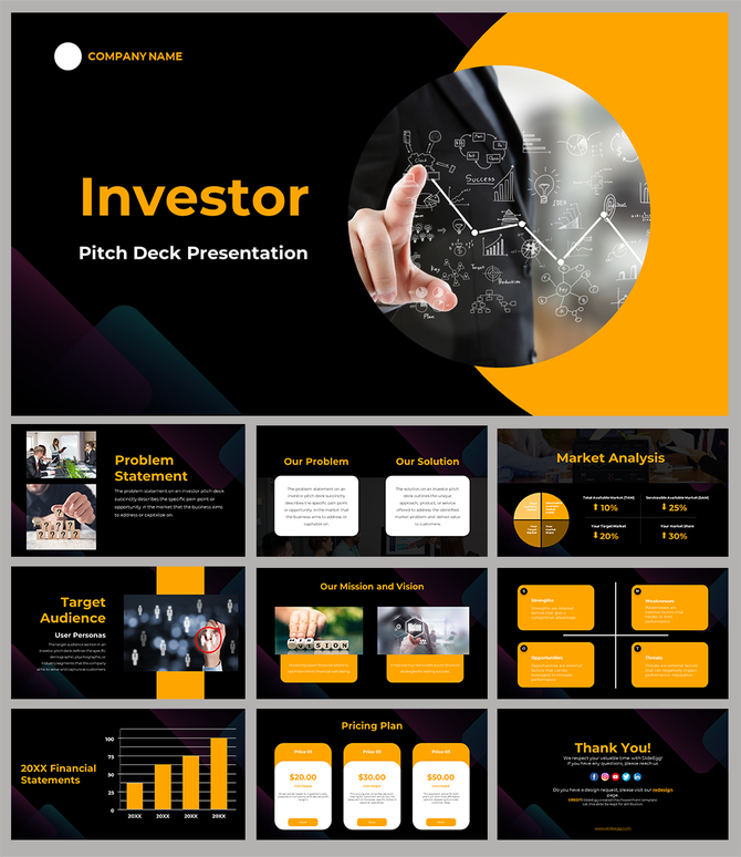 Investor pitch slide deck with orange and black theme showcasing solutions, market analysis, and pricing plans.