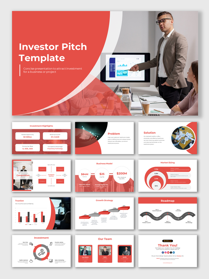Red themed investor pitch deck with slides on market opportunities, business model, competition analysis, and a roadmap.